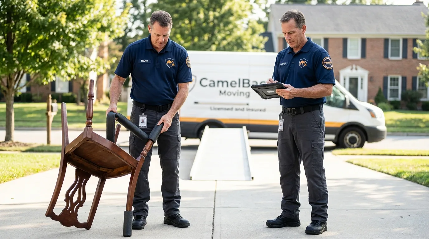 Movers inspecting furniture for damage prevention before loading in Demorest, GA