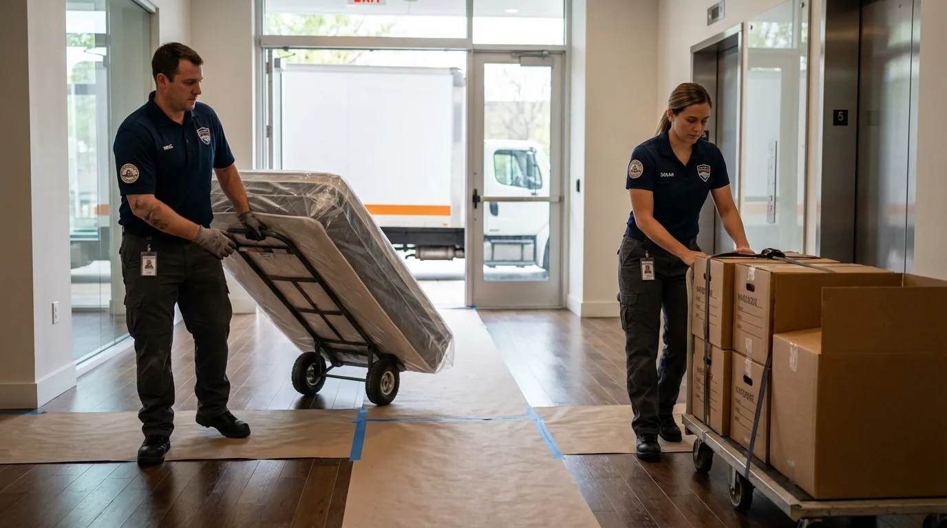 Professional apartment movers loading elevator in Demorest, GA